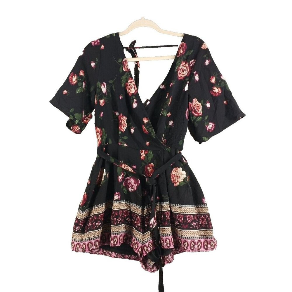 TRIXXI Women Floral Romper SMALL(4-6) Woven Surplice Neck Multicolor Casual